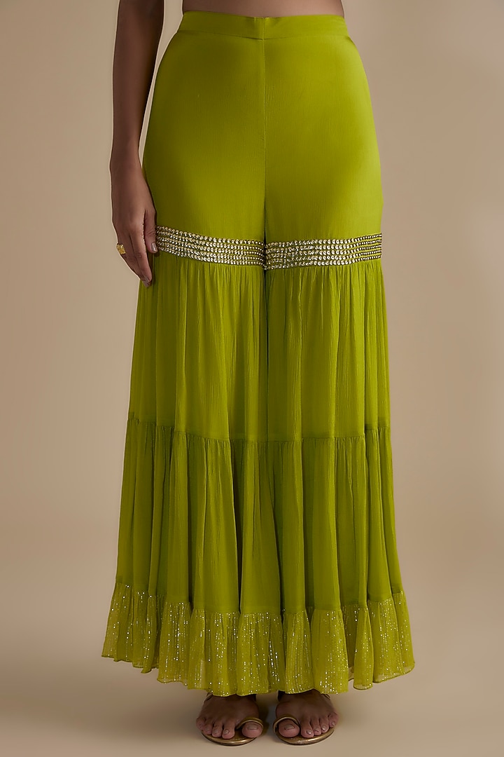 Green Chiffon Crepe Thread Embroidered Gharara Set by Keith Gomes at Pernia's Pop Up Shop
