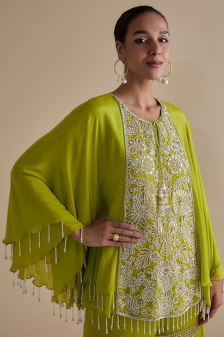 Green Chiffon Crepe Thread Embroidered Gharara Set by Keith Gomes at Pernia's Pop Up Shop