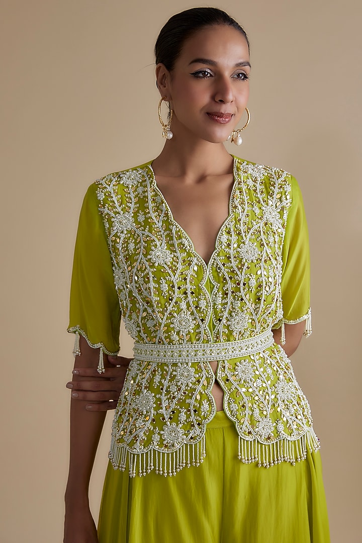 Green Silk Organza Sequins Embroidered Co-Ord Set by Keith Gomes at Pernia's Pop Up Shop