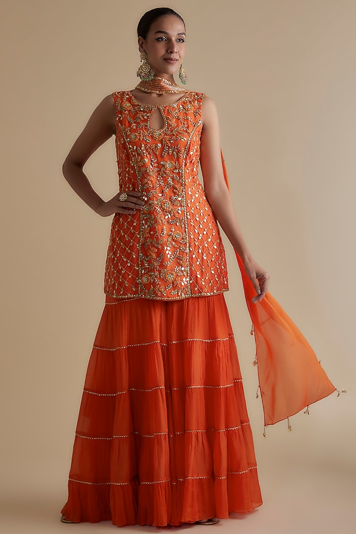 Orange Silk Organza Embroidered Tunic Set by Keith Gomes at Pernia's Pop Up Shop