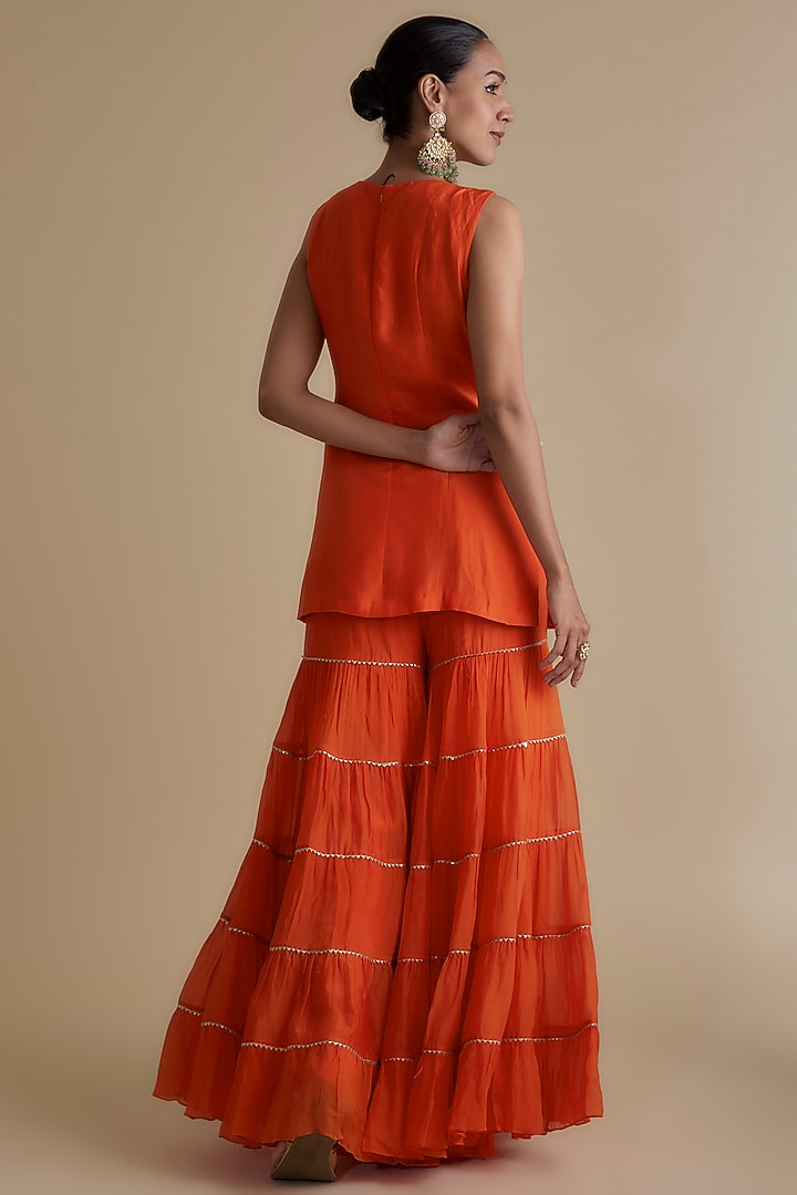 Orange Silk Organza Embroidered Tunic Set by Keith Gomes at Pernia's Pop Up Shop