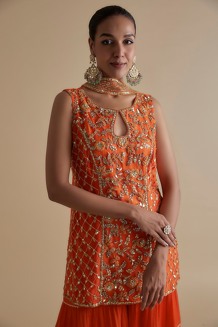 Orange Silk Organza Embroidered Tunic Set by Keith Gomes at Pernia's Pop Up Shop