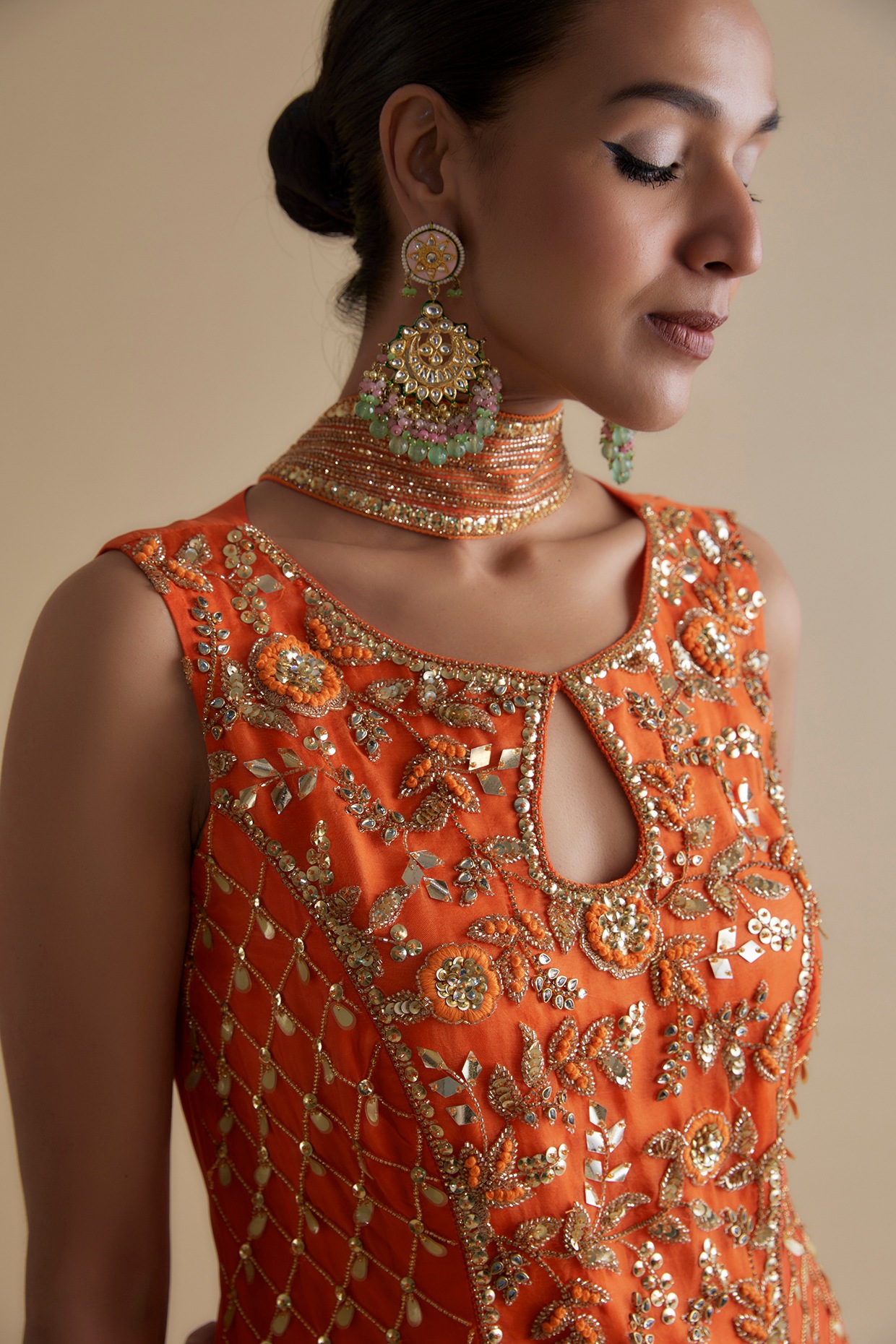 Orange Silk Organza Embroidered Tunic Set Design by Keith Gomes at 