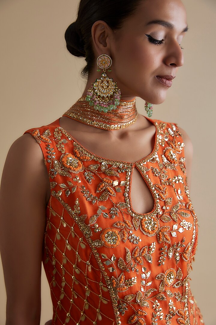 Orange Silk Organza Embroidered Tunic Set by Keith Gomes at Pernia's Pop Up Shop