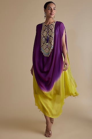 Purple Ombre Silk Organza Embroidered Kaftan Dress by Keith Gomes