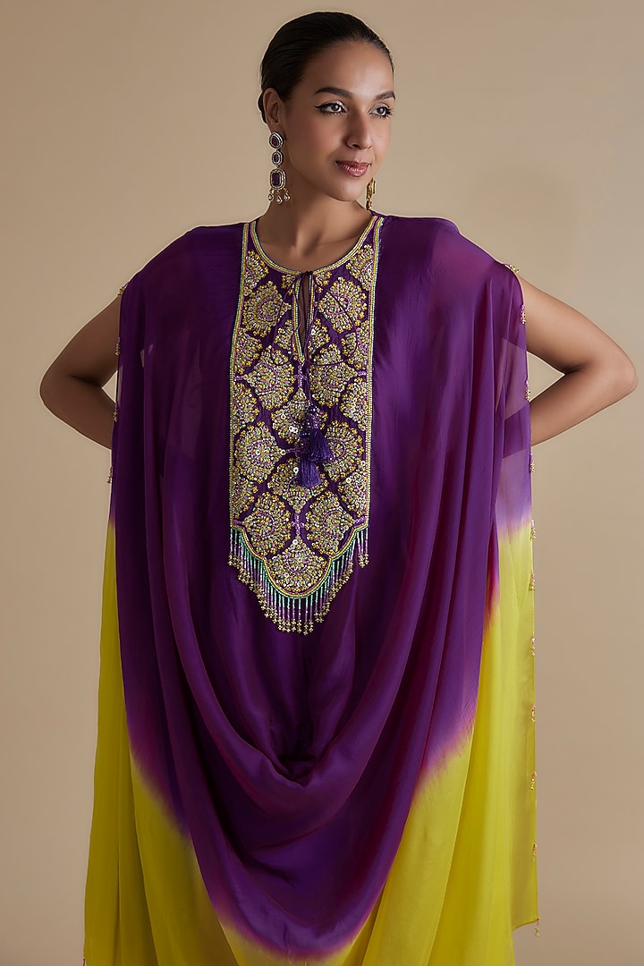 Purple Ombre Silk Organza Embroidered Kaftan Vacation Dress by Keith Gomes at Pernia's Pop Up Shop