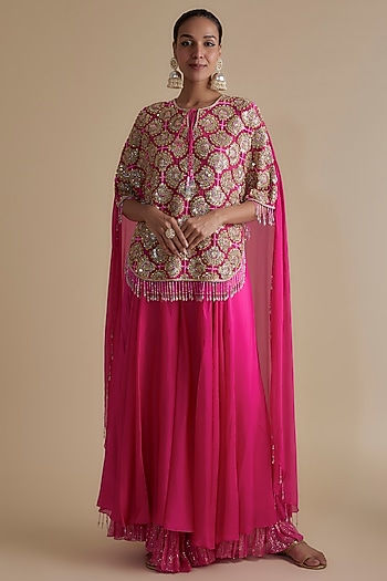 Pink Silk Organza Embroidered Cape Set by Keith Gomes at Pernia's Pop Up Shop