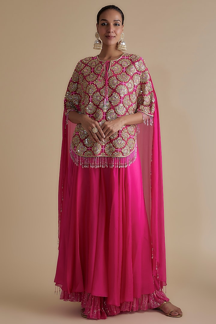 Pink Silk Organza Embroidered Cape Set by Keith Gomes at Pernia's Pop Up Shop