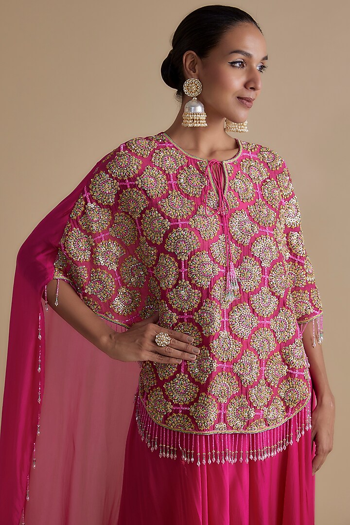 Pink Silk Organza Embroidered Cape Set by Keith Gomes at Pernia's Pop Up Shop
