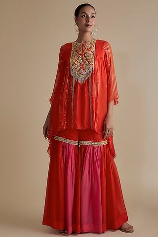 Orange Ombre Silk Organza Embroidered Gharara Set by Keith Gomes