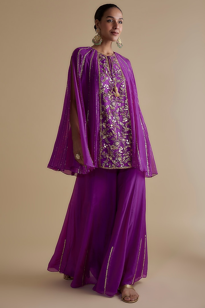 Purple Silk Organza & Zari Georgette Embroidered Tunic Set by Keith Gomes at Pernia's Pop Up Shop