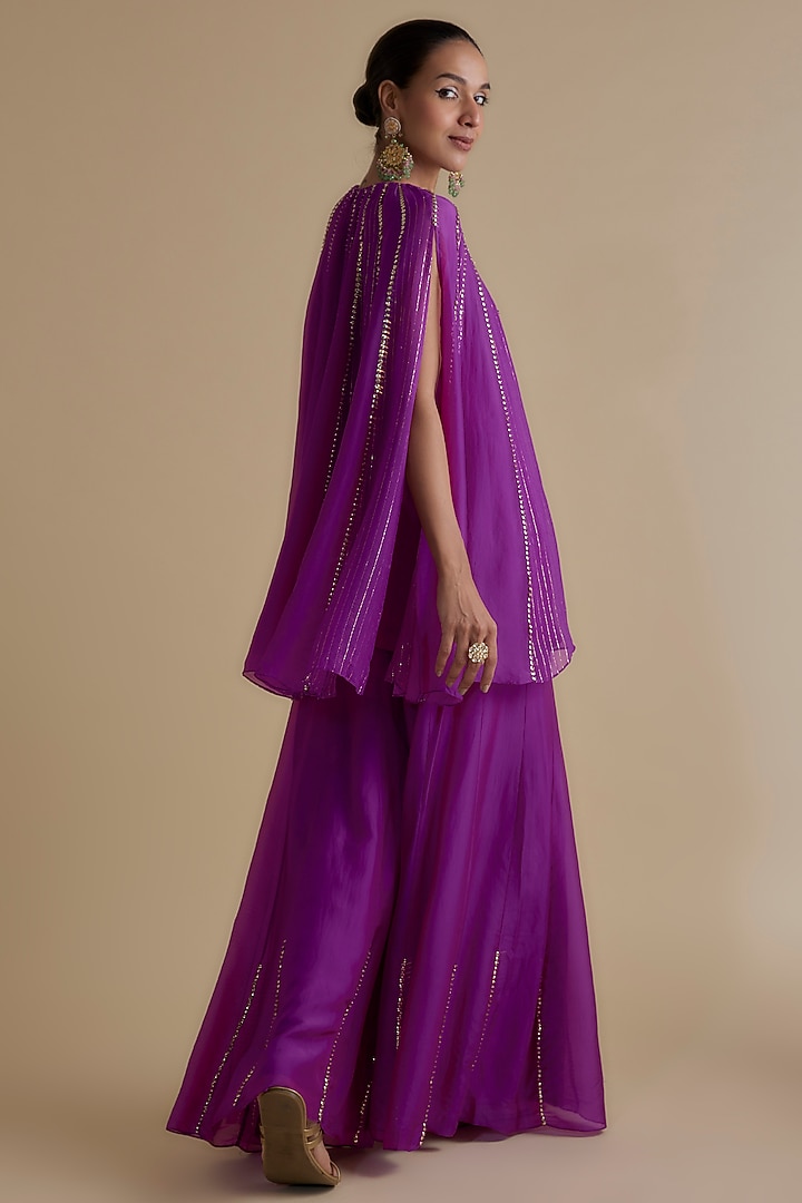 Purple Silk Organza & Zari Georgette Embroidered Tunic Set by Keith Gomes at Pernia's Pop Up Shop