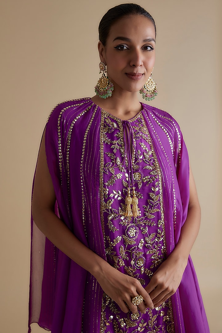 Purple Silk Organza & Zari Georgette Embroidered Tunic Set by Keith Gomes at Pernia's Pop Up Shop