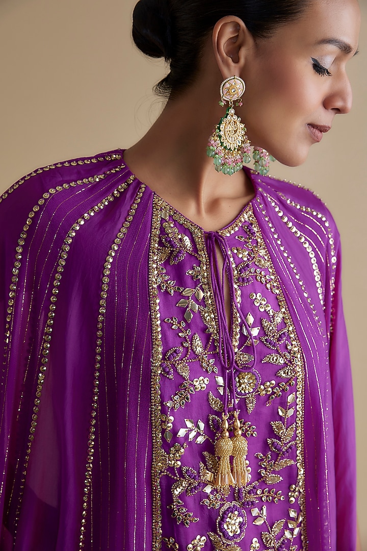 Purple Silk Organza & Zari Georgette Embroidered Tunic Set by Keith Gomes at Pernia's Pop Up Shop