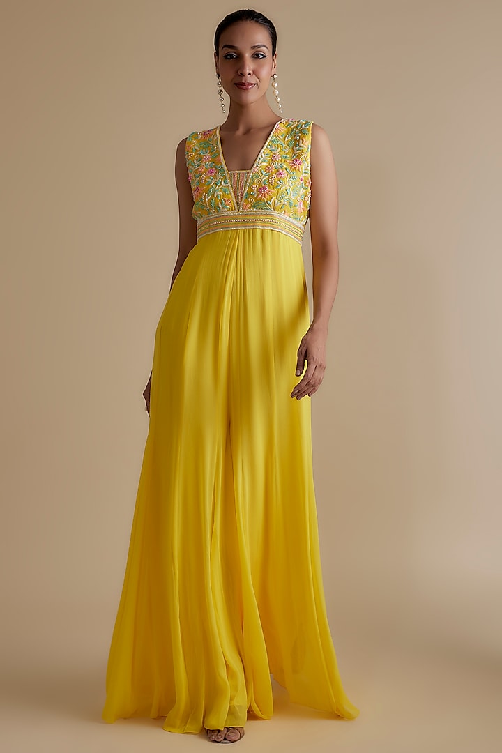 Yellow Georgette Glass Bead Embellished Jumpsuit by Keith Gomes