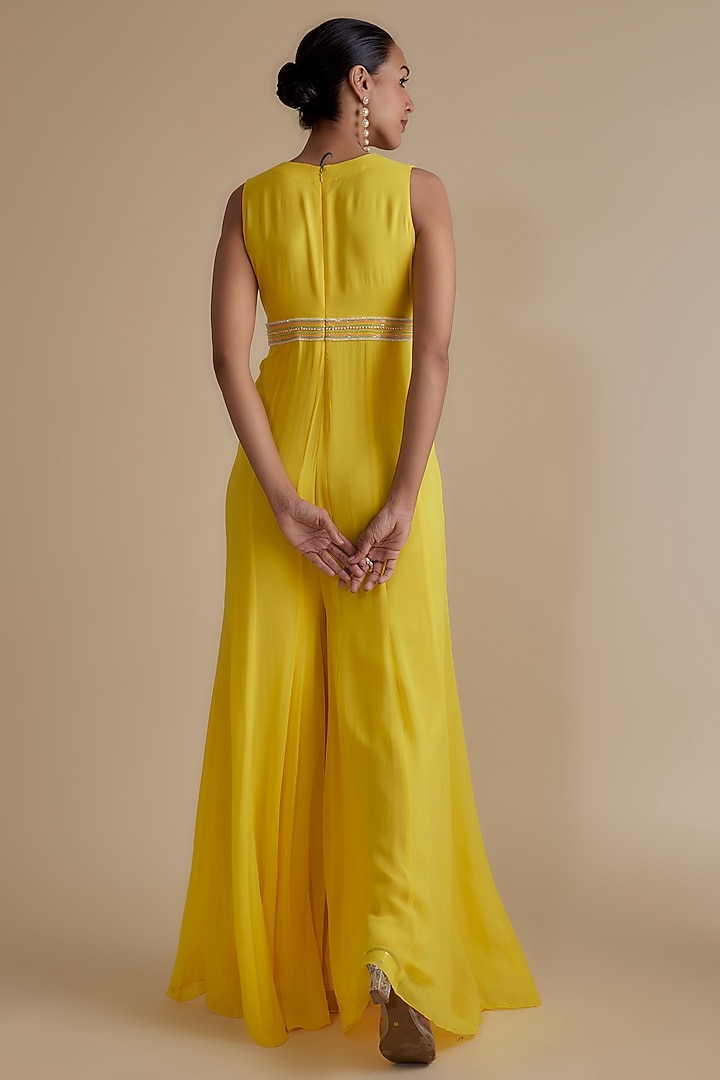 Yellow Georgette Glass Bead Embellished Jumpsuit by Keith Gomes at Pernia's Pop Up Shop
