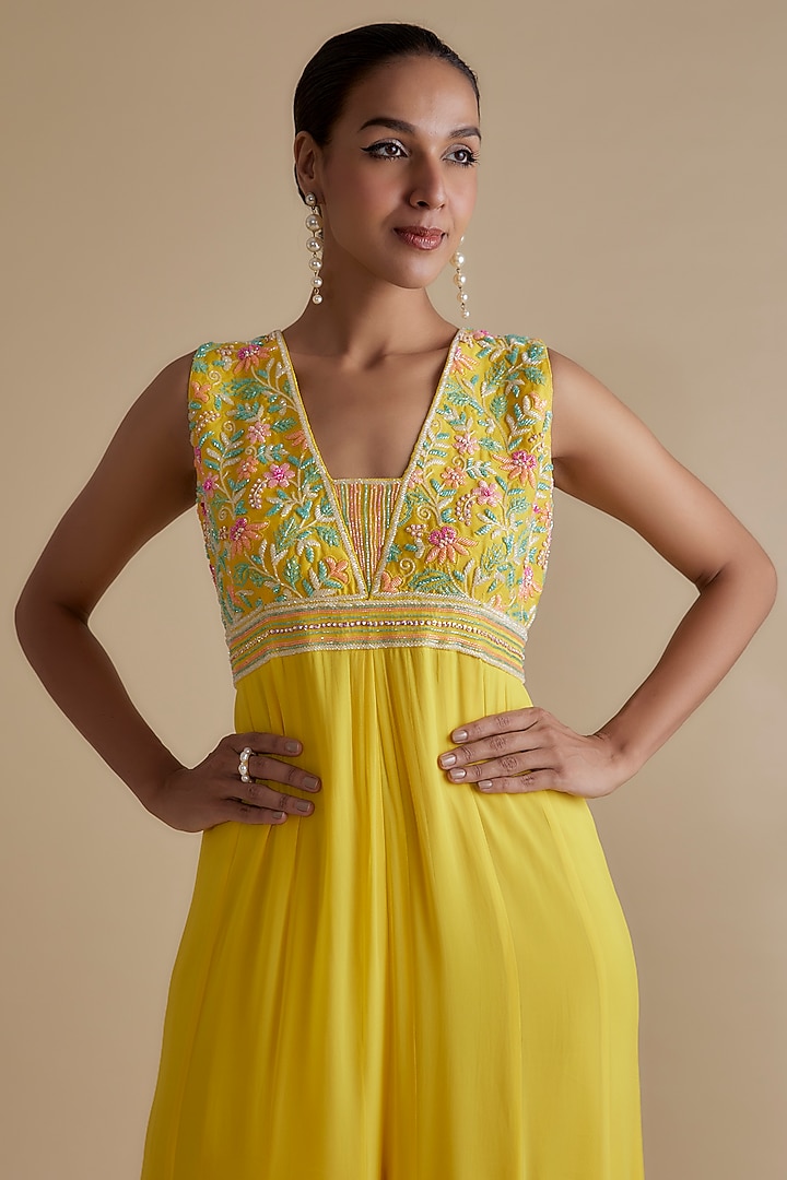 Yellow Georgette Glass Bead Embellished Jumpsuit by Keith Gomes at Pernia's Pop Up Shop