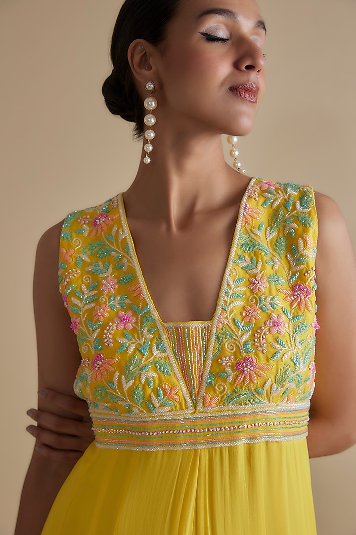Yellow Georgette Glass Bead Embellished Jumpsuit by Keith Gomes at Pernia's Pop Up Shop