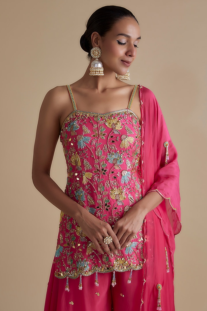 Pink Silk Organza Embellished Tunic Set by Keith Gomes at Pernia's Pop Up Shop