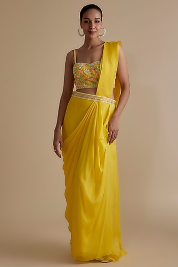 Yellow Silk Organza Draped Skirt Set by Keith Gomes at Pernia's Pop Up Shop