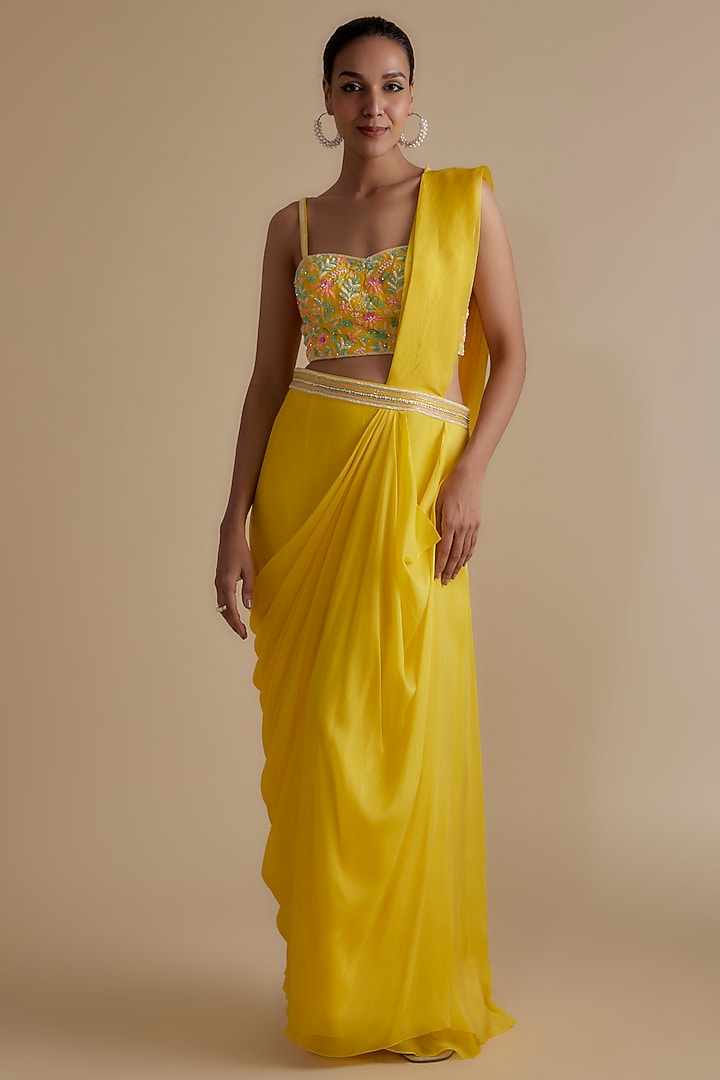 Yellow Silk Organza Draped Skirt Set by Keith Gomes at Pernia's Pop Up Shop