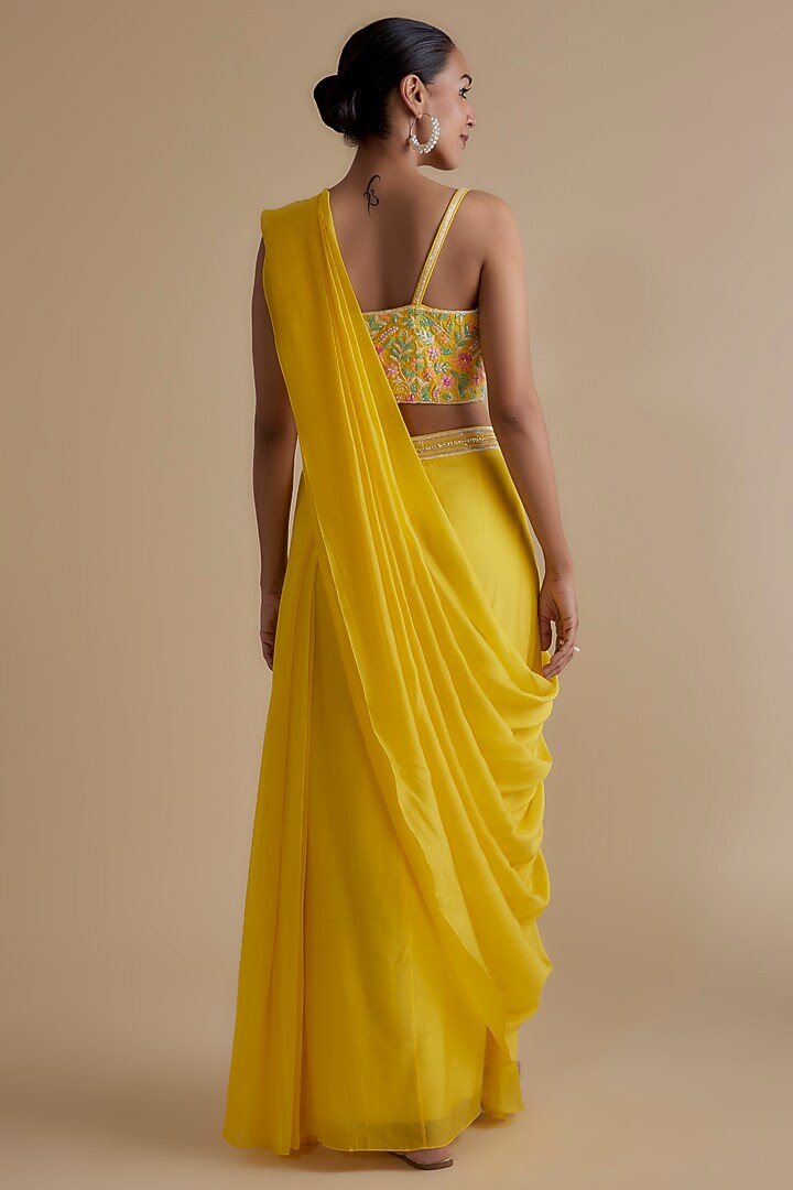 Yellow Silk Organza Draped Skirt Set by Keith Gomes at Pernia's Pop Up Shop