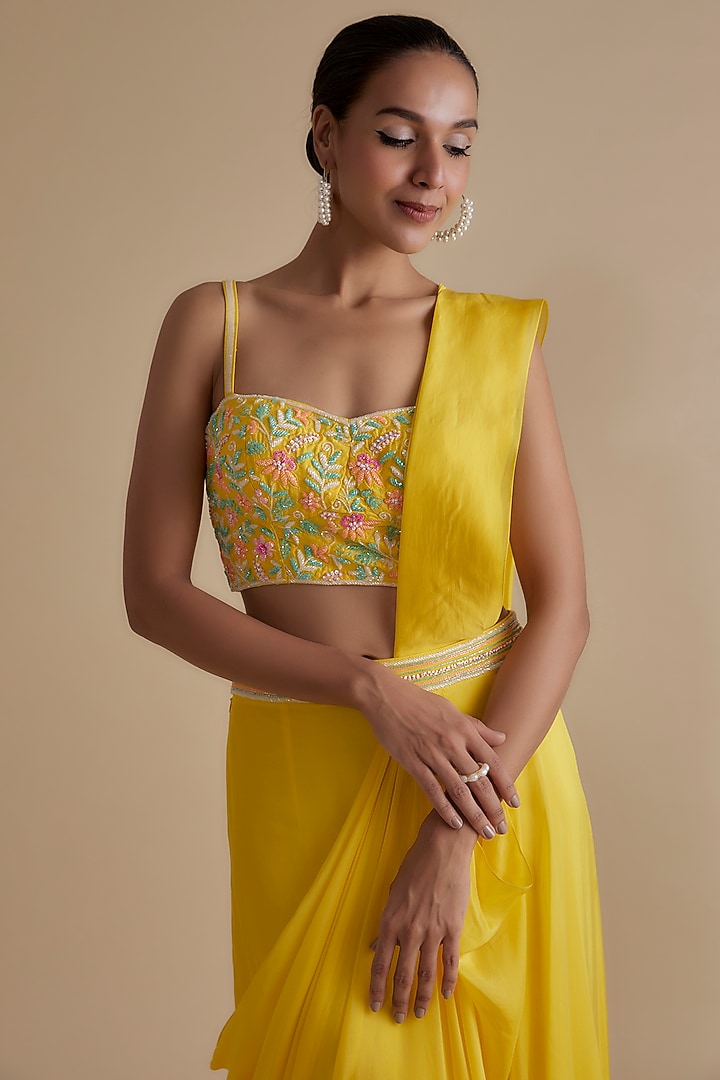 Yellow Silk Organza Draped Skirt Set by Keith Gomes at Pernia's Pop Up Shop