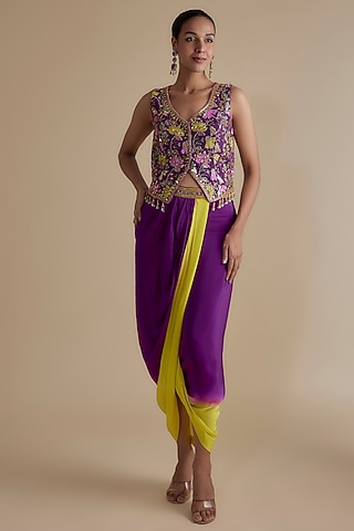 Purple Ombre Crepe Draped Skirt Set by Keith Gomes