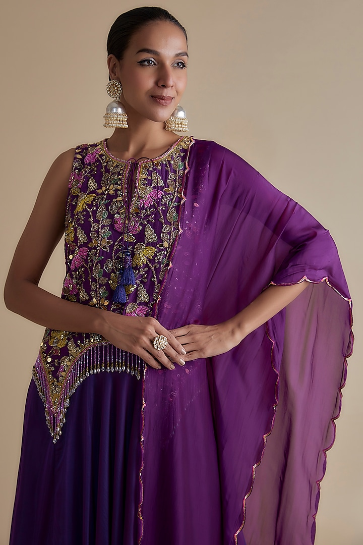 Purple Silk Organza Embroidered Tunic Set by Keith Gomes at Pernia's Pop Up Shop
