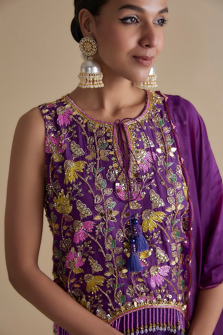 Purple Silk Organza Embroidered Tunic Set by Keith Gomes at Pernia's Pop Up Shop