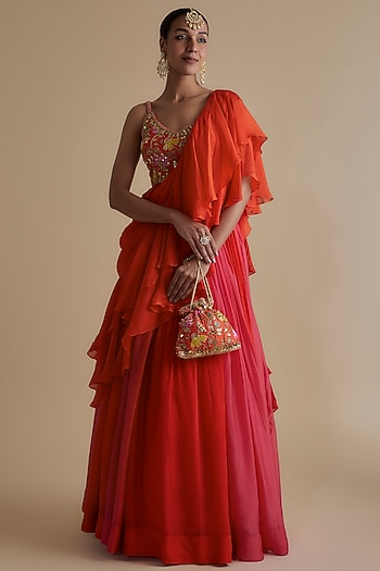 Orange Silk Organza Draped Skirt Set by Keith Gomes at Pernia's Pop Up Shop