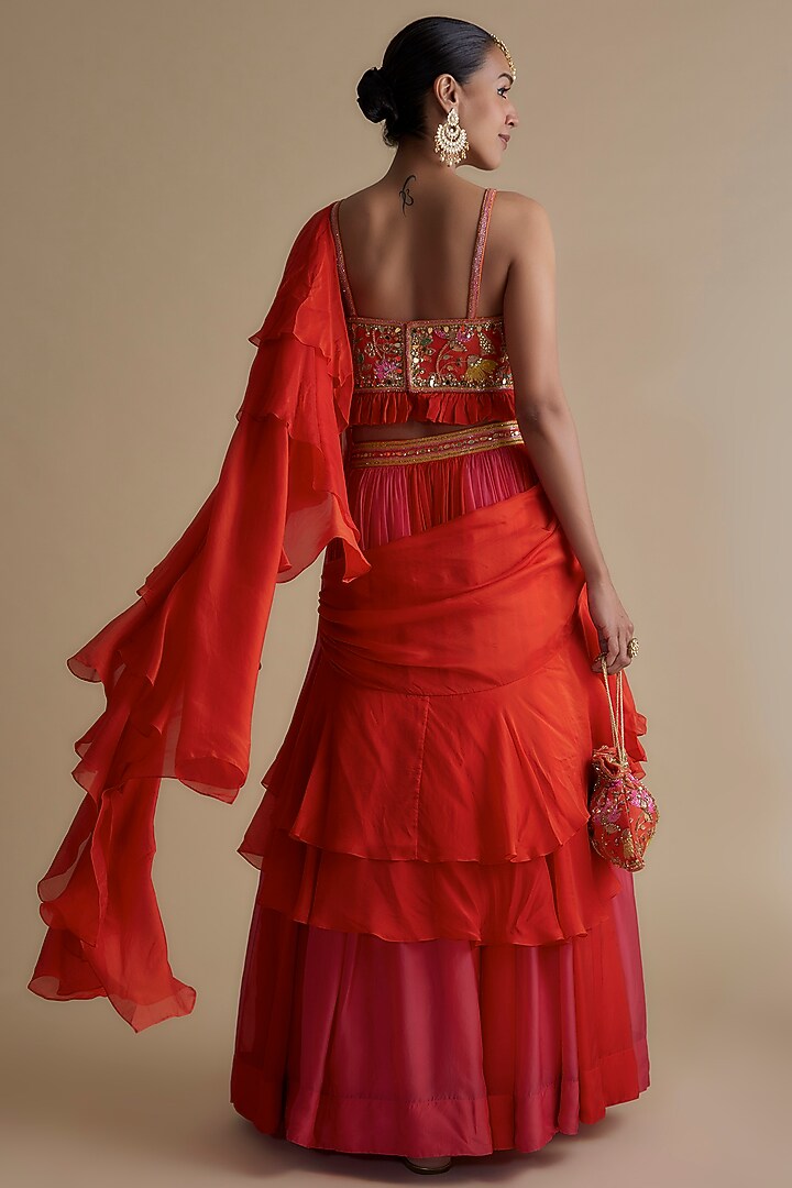 Orange Silk Organza Draped Skirt Set by Keith Gomes at Pernia's Pop Up Shop