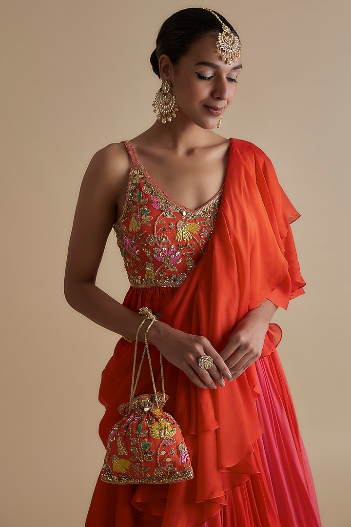 Orange Silk Organza Draped Skirt Set by Keith Gomes at Pernia's Pop Up Shop