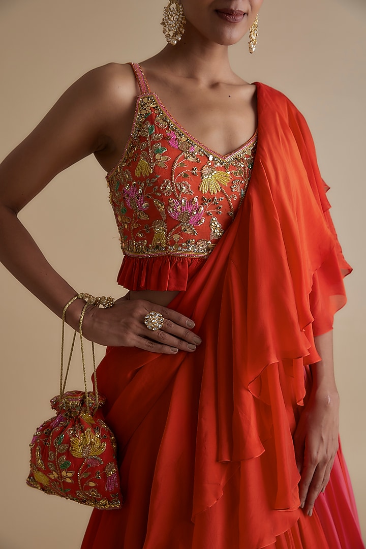 Orange Silk Organza Draped Skirt Set by Keith Gomes at Pernia's Pop Up Shop