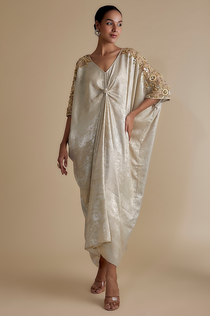 Beige Satin Suede Embroidered Kaftan Dress by Keith Gomes