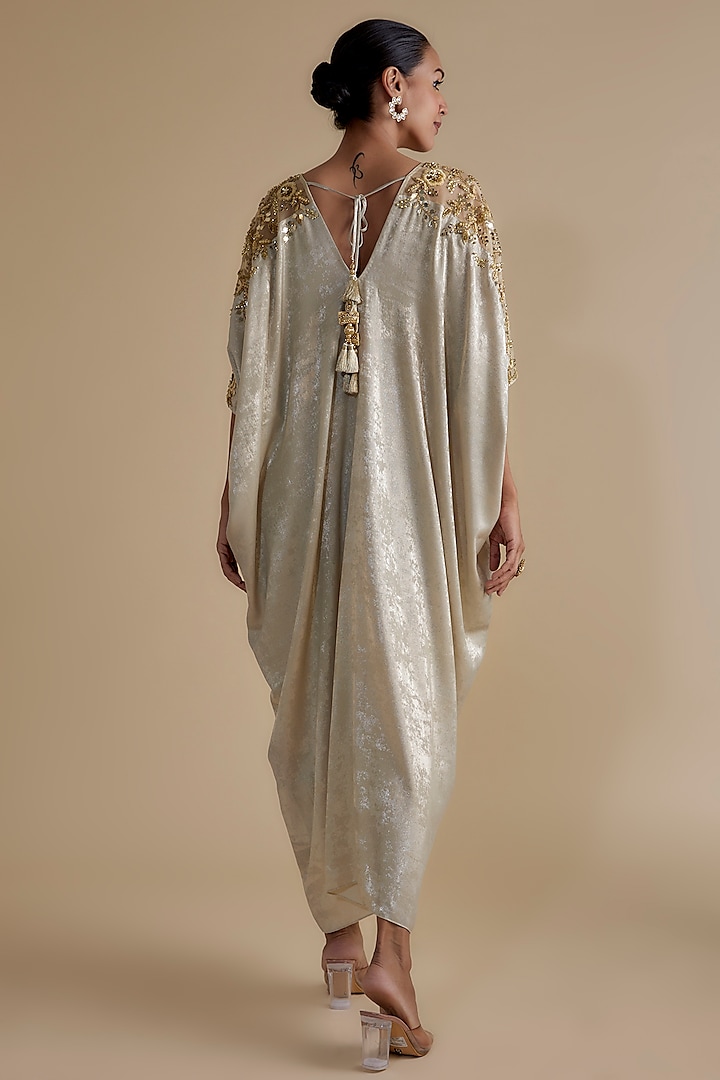 Beige Satin Suede Embroidered Kaftan Vacation Dress by Keith Gomes at Pernia's Pop Up Shop