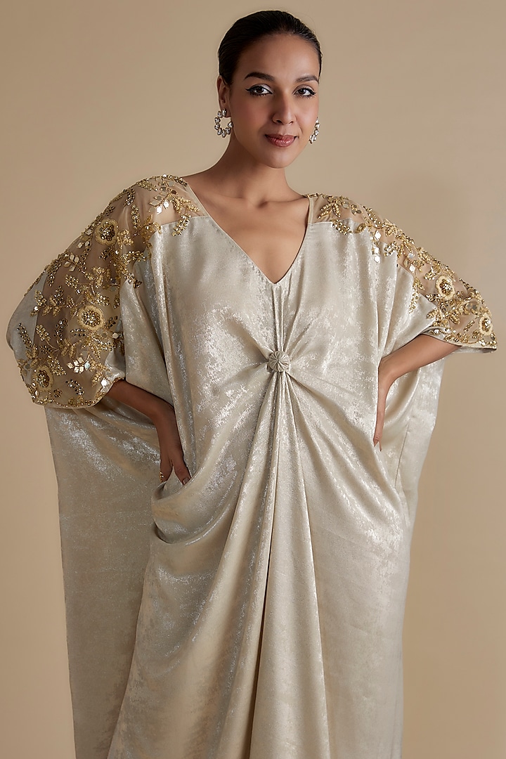Beige Satin Suede Embroidered Kaftan Vacation Dress by Keith Gomes at Pernia's Pop Up Shop