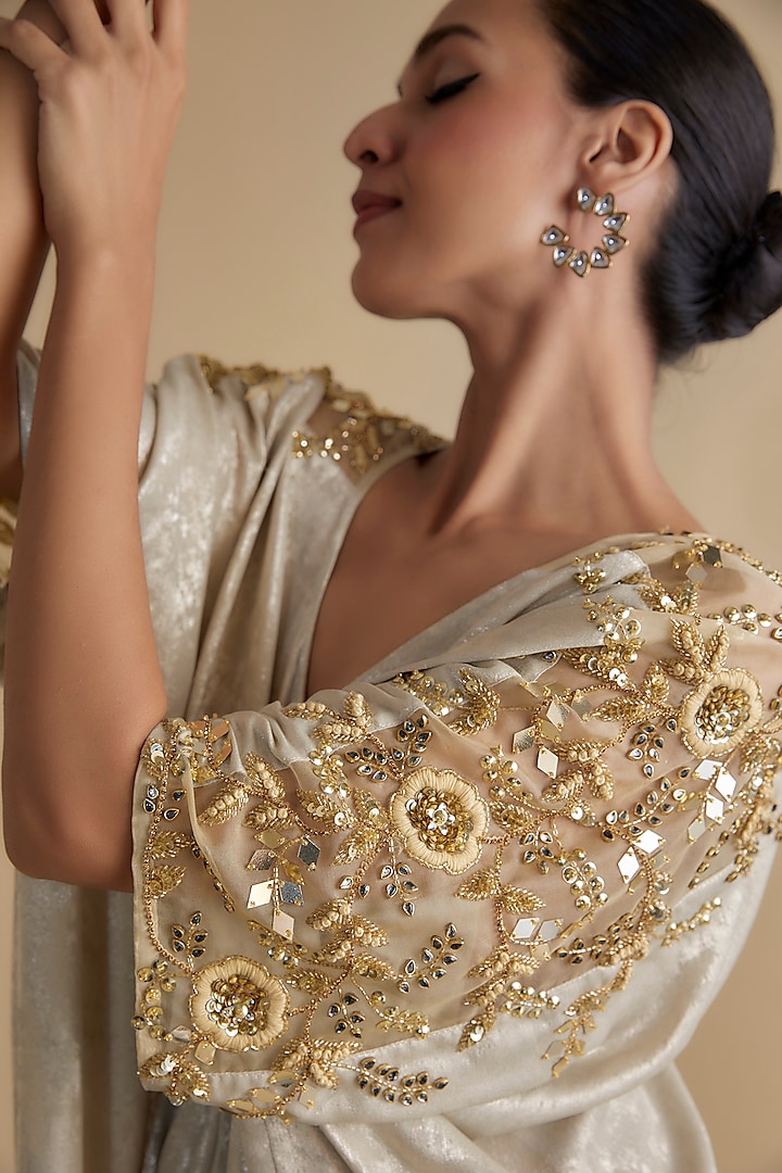 Beige Satin Suede Embroidered Kaftan Vacation Dress by Keith Gomes at Pernia's Pop Up Shop