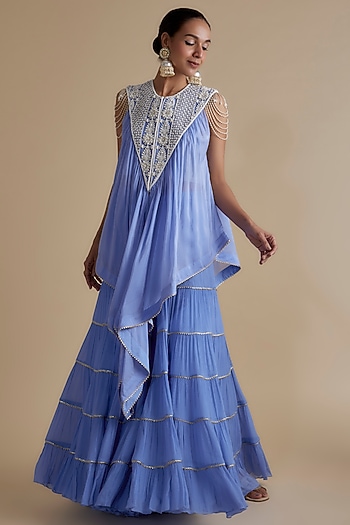 Blue Silk Organza Embroidered Tunic Set by Keith Gomes at Pernia's Pop Up Shop