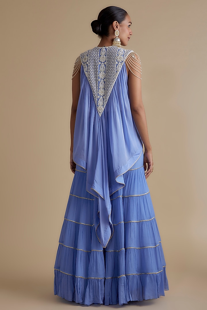 Blue Silk Organza Embroidered Tunic Set by Keith Gomes at Pernia's Pop Up Shop