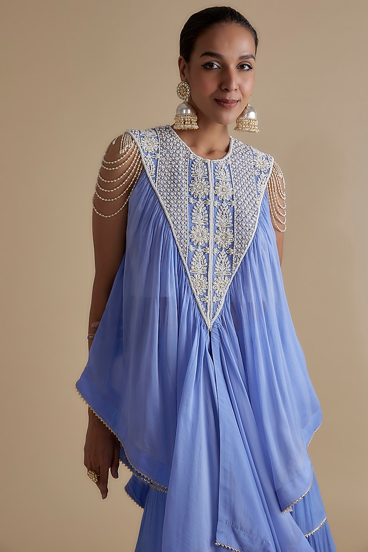 Blue Silk Organza Embroidered Tunic Set by Keith Gomes at Pernia's Pop Up Shop