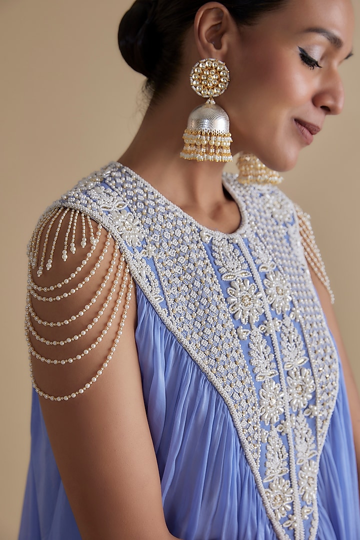 Blue Silk Organza Embroidered Tunic Set by Keith Gomes at Pernia's Pop Up Shop