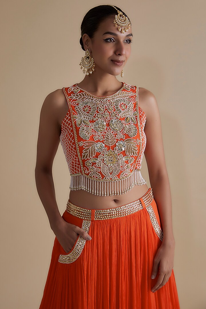Orange Chiffon Crepe Skirt Set by Keith Gomes at Pernia's Pop Up Shop