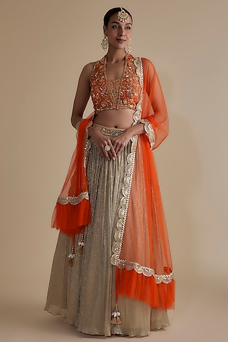 Beige Shimmer Crush Chiffon Lehenga Set by Keith Gomes