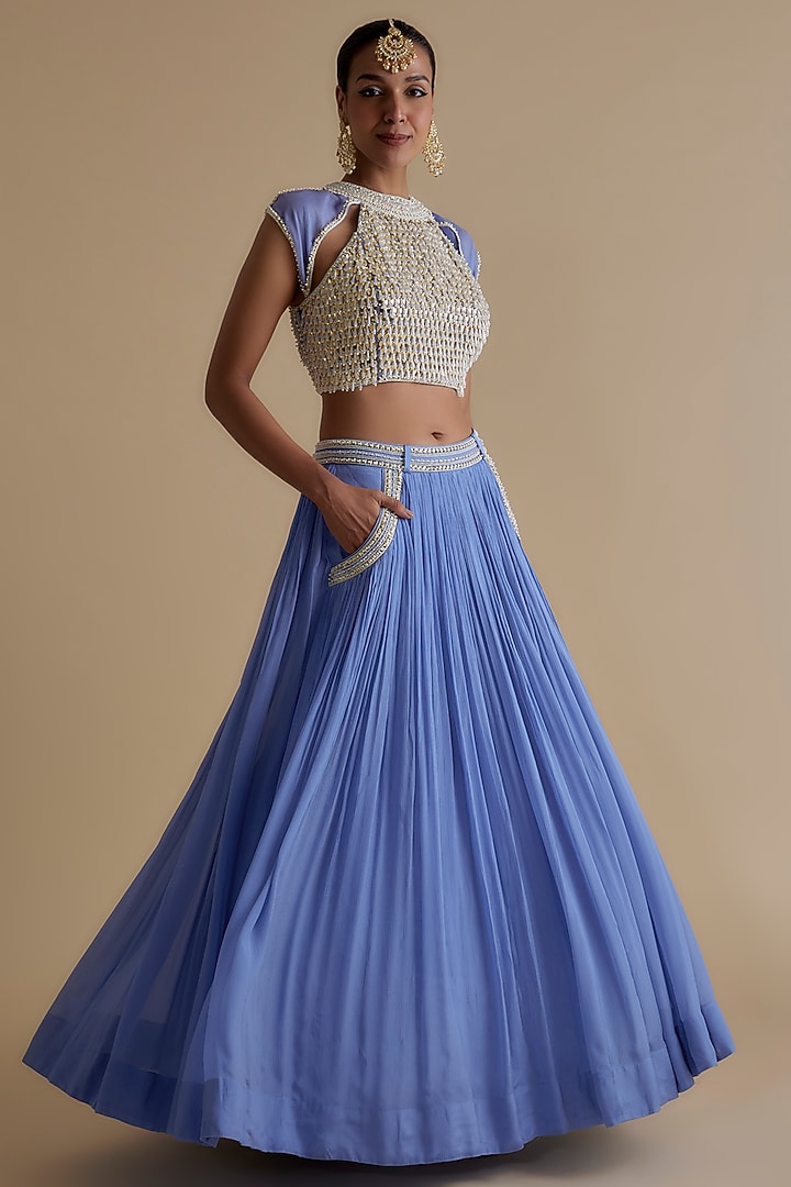 Blue Chiffon Crepe Skirt Set by Keith Gomes at Pernia's Pop Up Shop