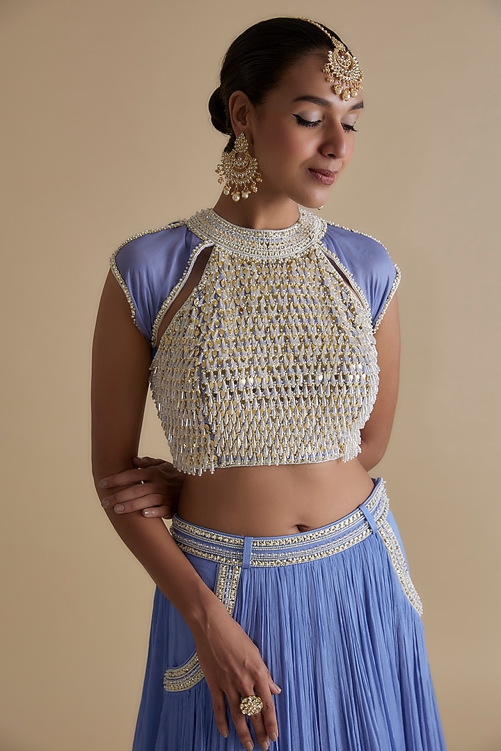 Blue Chiffon Crepe Skirt Set by Keith Gomes at Pernia's Pop Up Shop