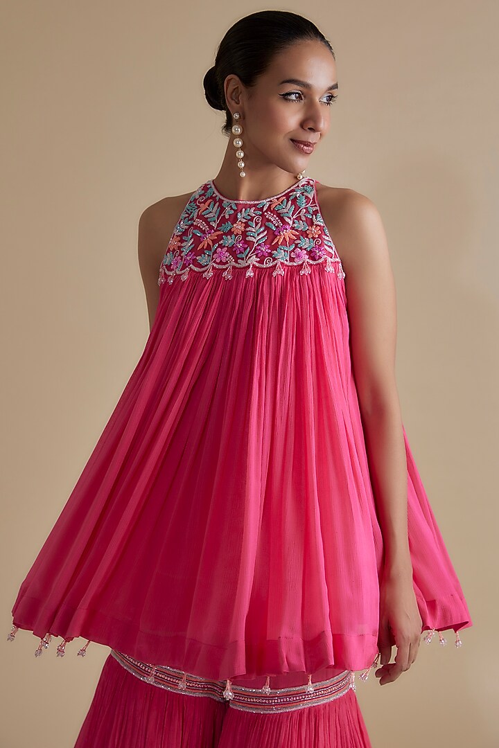 Pink Chiffon Crepe Embroidered Gharara Set by Keith Gomes at Pernia's Pop Up Shop