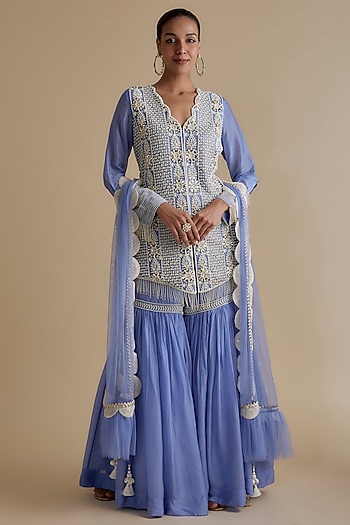 Blue Silk Organza Embroidered Gharara Set by Keith Gomes at Pernia's Pop Up Shop