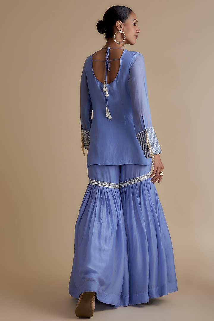 Blue Silk Organza Embroidered Gharara Set by Keith Gomes at Pernia's Pop Up Shop