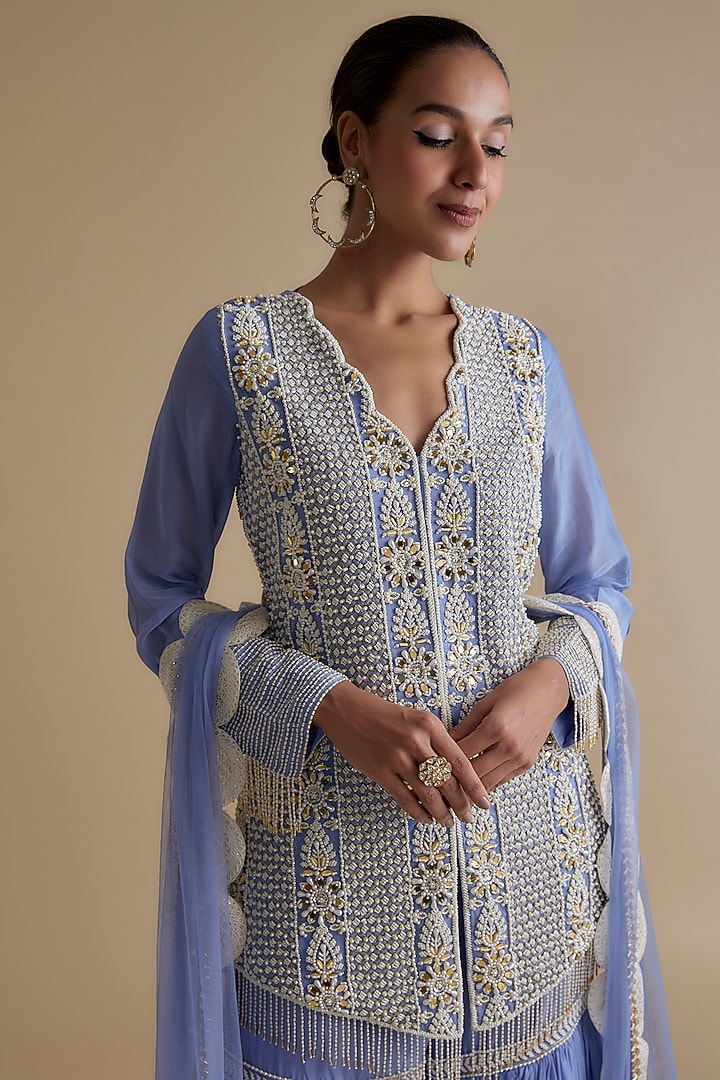 Blue Silk Organza Embroidered Gharara Set by Keith Gomes at Pernia's Pop Up Shop